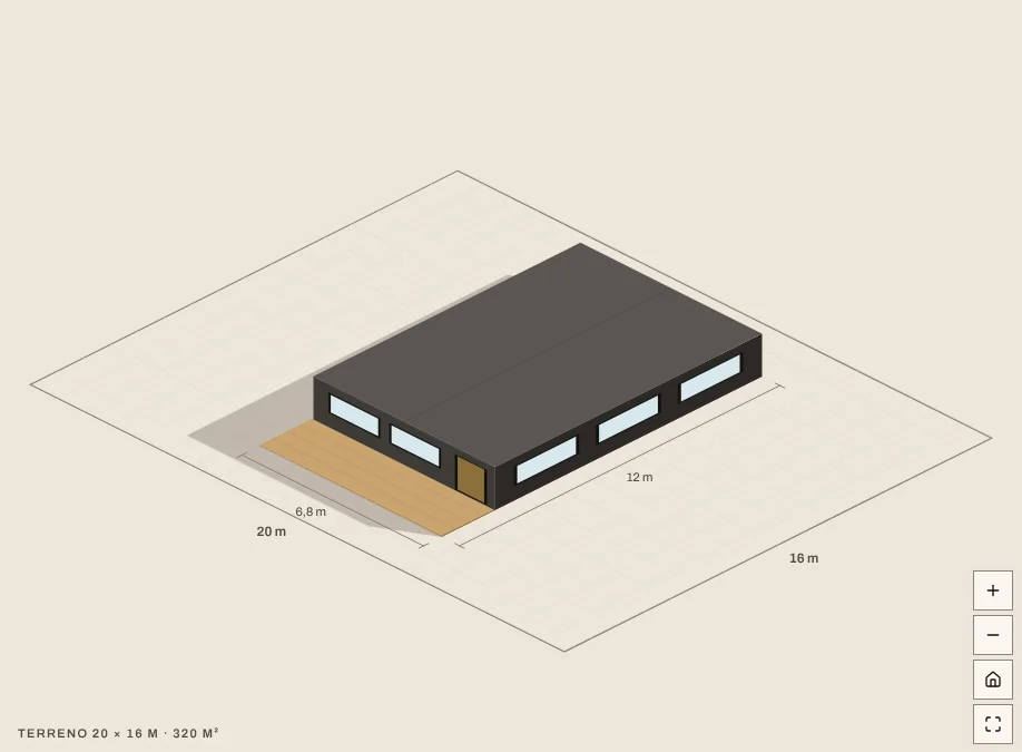 El diseñador: una Casa Rapel ubicada a escala sobre un terreno de 20 por 16 m, en vista isométrica