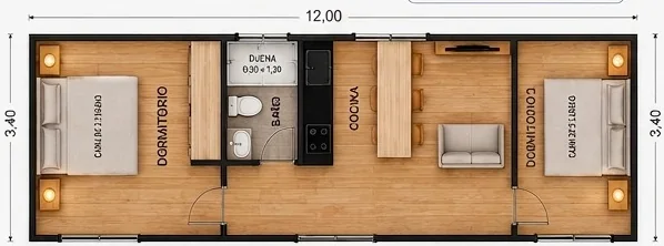 Planta de la Casa Marbella en su versión de dos dormitorios, 12,00 por 3,40 m: un dormitorio en cada extremo y al centro baño, cocina y estar