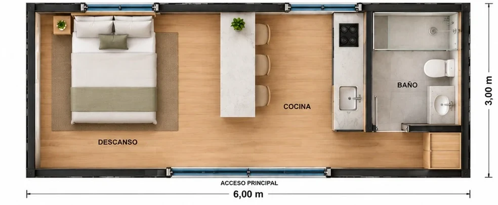 Planta de la Casa Milán, 6,00 por 3,00 m: zona de descanso con cama de dos plazas, cocina con mesón tipo isla, baño con shower y el acceso principal en el muro largo