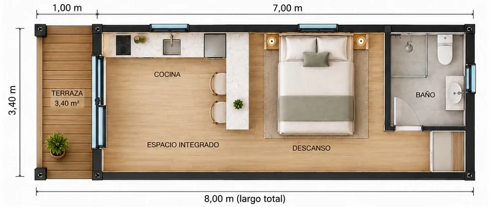 Planta de la Casa Patagonia, 8,00 por 3,40 m: terraza de 1,00 m y un ambiente integrado con cocina y península, zona de descanso, baño y espacio de guardado al fondo