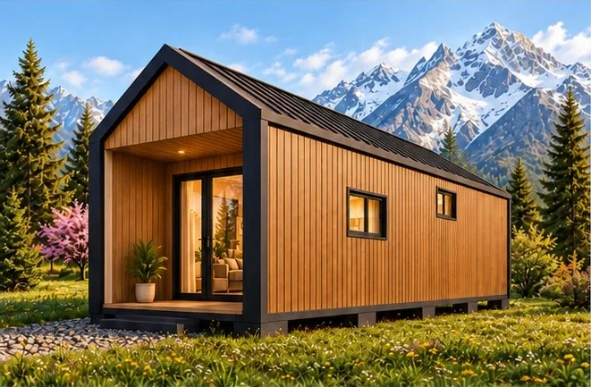 Casa Patagonia: módulo revestido en madera con techo a dos aguas y un pórtico con terraza al frente, con la cordillera al fondo
