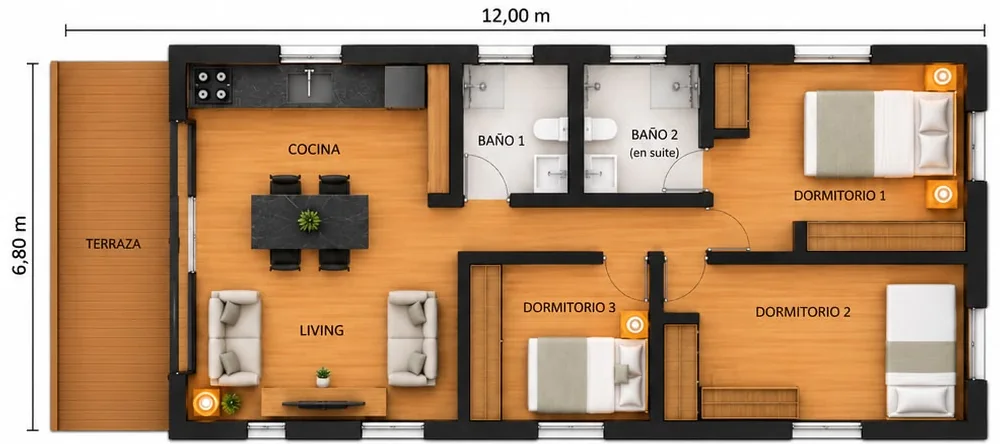 Planta de la Casa Rapel, 12,00 por 6,80 m: terraza, cocina y living integrados, baño 1, baño 2 en suite y tres dormitorios
